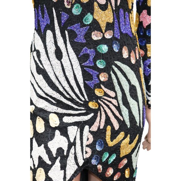 EXTRAORDINARY Vintage ART DECO Sequin Abstract Mini PARTY Dress Long Sleeve S - Picture 8 of 12